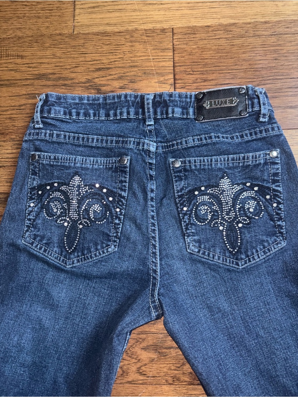 Luxe Dark Blue Straight Leg Jeans with Rhinestone Pocket Detail